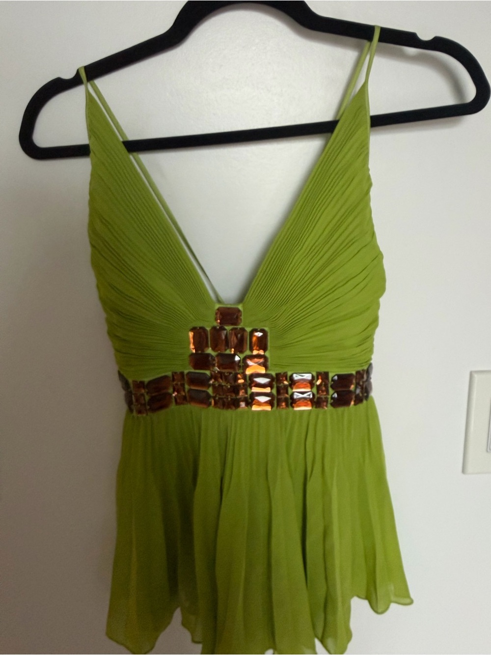 Just Cavalli Lime Green Spaghetti Strap Mini Dress with Copper Embellishment